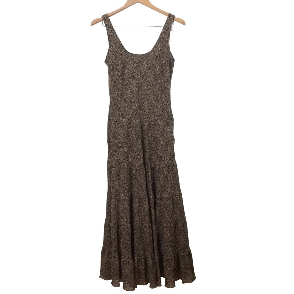 Jones & Co Brown Black Geometric Print Maxi Dress with Flowing Silhouette Size 8
